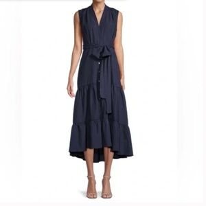 KOBI HALPERIN Anna Tiered Linen-Blend Midi Dress Navy Sleeveless Dress S